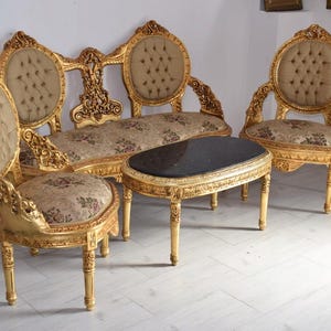 Royal Coffee Furniture Set – Sofa + 2 Armchairs + Marble Top Baroque Table | Luxury Wooden Living Room Set - Home Decor