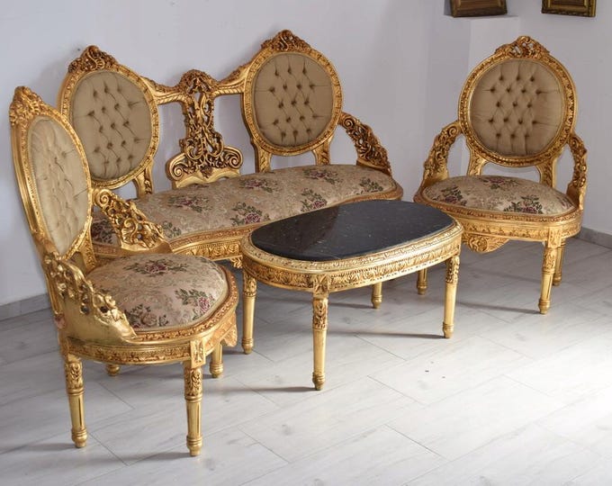Royal Coffee Furniture Set – Sofa + 2 Armchairs + Marble Top Baroque Table | Luxury Wooden Living Room Set - Home Decor