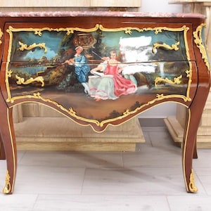 French Louis XVI Chest of Drawers: Hand-Painted Aristocracy Scenes, Marble Top
