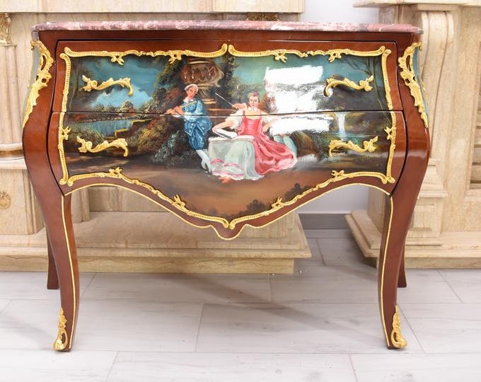 French Louis XVI Chest of Drawers: Hand-Painted Aristocracy Scenes, Marble Top