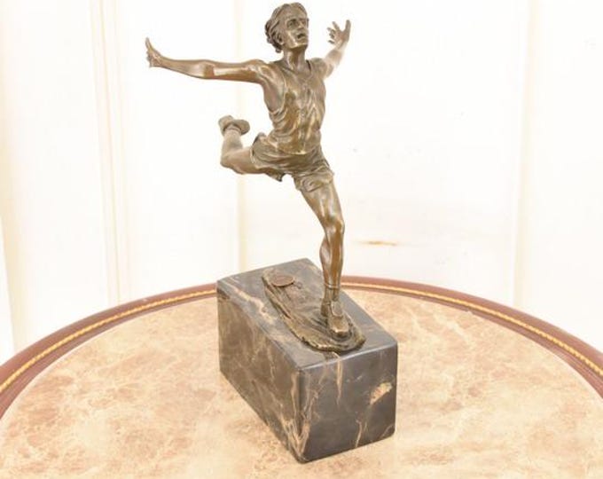 Vintage Bronze Marathon Runner Sculpture – Signed Athlete Figure on Marble Base