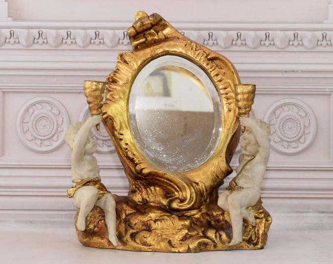 Goldene Oval Mirror - Two Angels - Vintage Mirror - Gold Frame - Wall Decor - Gift for Wedding - Home Decor