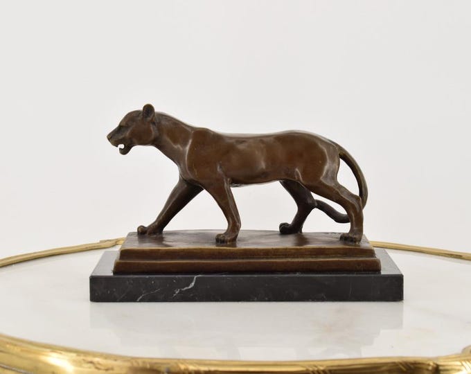 Amazing Walking Panther Bronze Sculpture - Vintage Tiger Figure on Marble Base - Home and Office Decor - Perfect Gift Idea