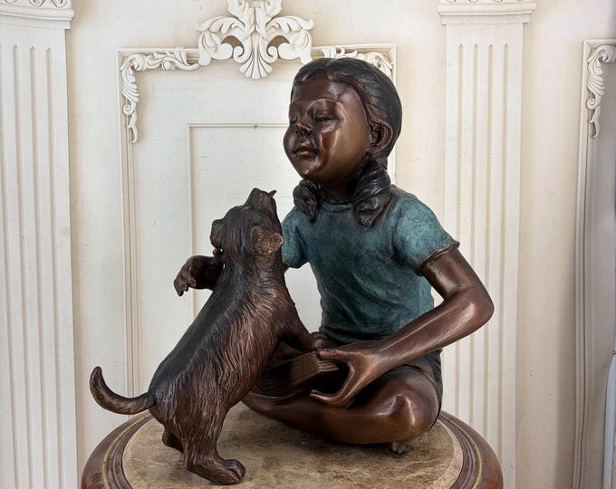 Bronze Garden Statue: Young Girl with Dog Sculpture (17.72 inches)
