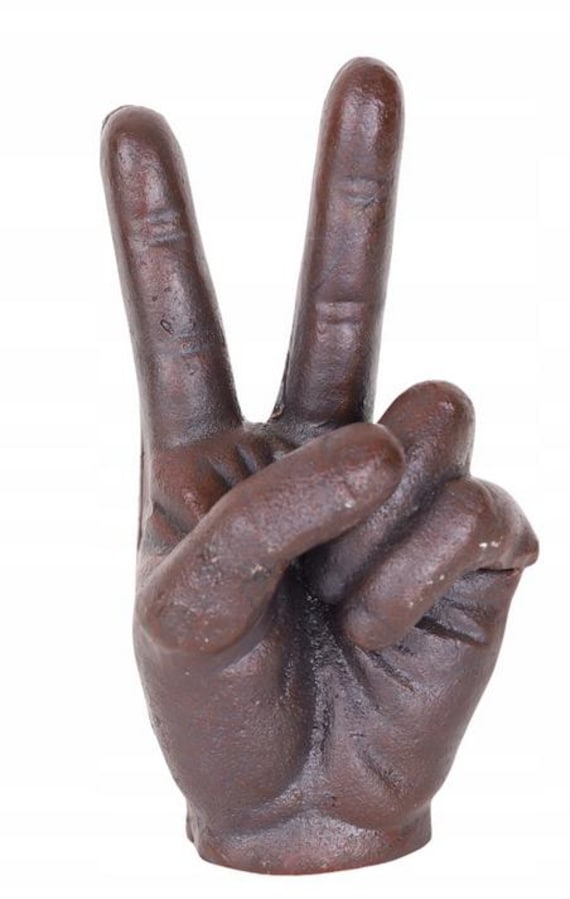 Vintage Cast Iron Peace Sign Hand Sculpture – Industrial Desk Art