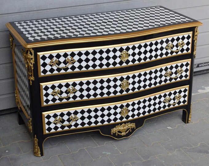 Luxury French Commode – Diamond Pattern Chest of Drawers – Bronze Mounted Baroque Cabinet – Black & White Statement Furniture