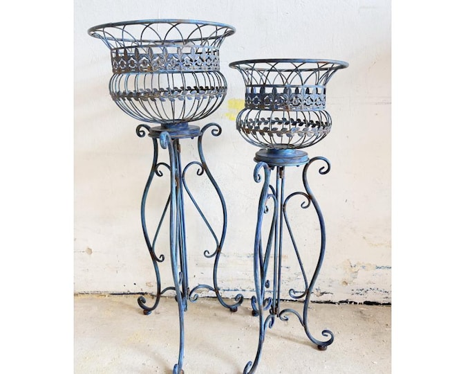 Set of 2 Vintage Metal Plant Stands – Blue Brown French Cottage Garden Pedestals