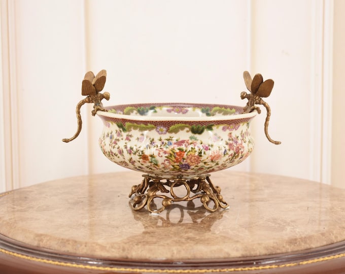 Porcelain Fruit Bowl with Bronze Dragonflies | Floral Motif Centerpiece | Elegant Vintage-Style Decorative Dish - Home Decor