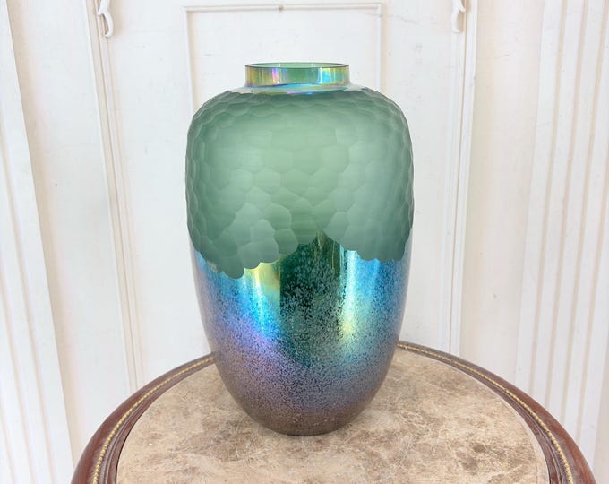 Vintage Green Iridescent Art Glass Vase - Textured Decorative Glass - Modernist Style