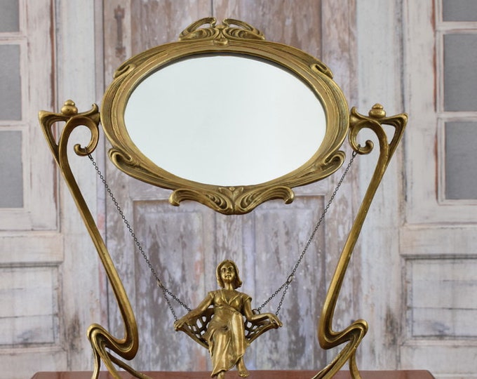 Unique Bronze Mirror - Desk Art -  Art Nouveau Act Woman - Vintage Stand Mirror - Cristal Mirror - Gift for Wedding - Home Decor