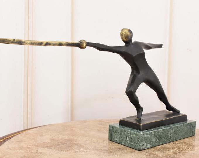 Bronze Fencer Sculpture – Bronze Swordsman Figurine on Green Marble Base – Collectible Art