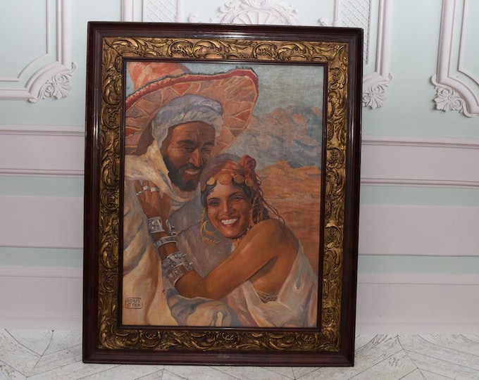 Enchanted Algerian Couple – Oriental Love Scene – Romantic Genre Painting – Antique Oil on Canvas – Wall Art & Home Decor - Gift Old Frame