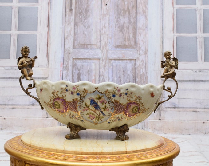 Large Amazing Porcelain Bowl - Bronze Ornaments Angels - Plateau Porcelain Vintage - Luxury Bowl - Angels and Flowers-