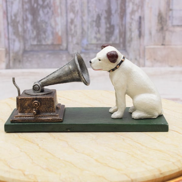 Magnificent Cast Iron Statue of Dog Nipper with Gramophone - Handmade Sculpture - Dog Art Home and Garden Decor - Unique Premium Gift