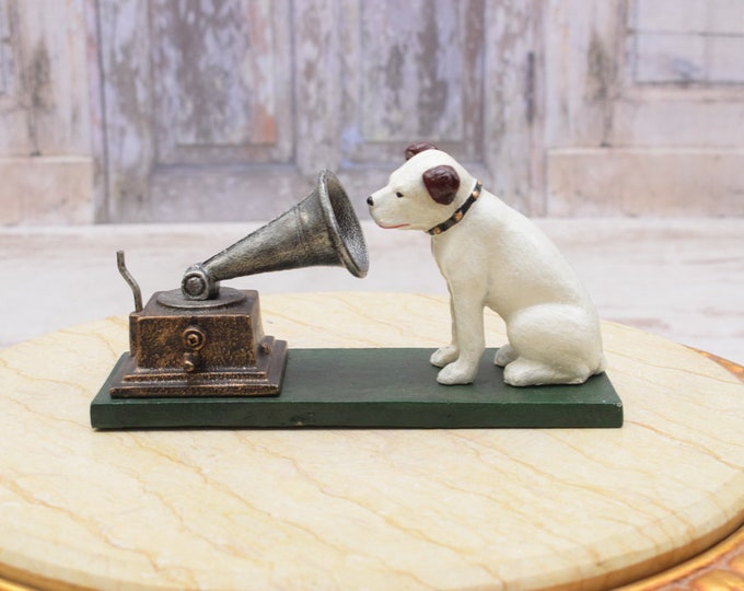 Magnificent Cast Iron Statue of Dog Nipper with Gramophone - Handmade Sculpture - Dog Art Home and Garden Decor - Unique Premium Gift