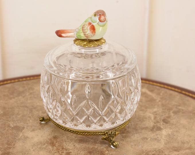 Crystal Trinket Box with Porcelain Bird – Bronze Mounts Jewelry Casket – Elegant Vintage Decor