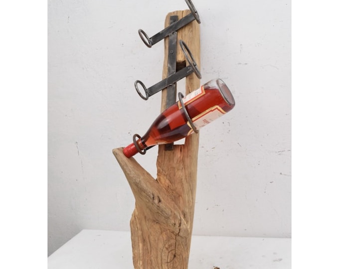 Art Work, Stand Bootle Teak Wood, Rustic Wooden Bottle Holder, Metal Stand for Alcohol, Unique Wine Bottle Stand, Home Decor