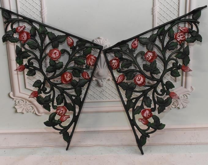 Cast Iron Shelf Brackets with Roses: Rustic Wall Decor (Pair)