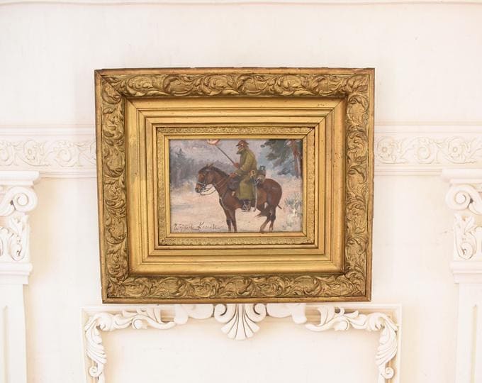 Antique Polish Oil Painting Soldier Horseback – Oil Wood Gilded Frame