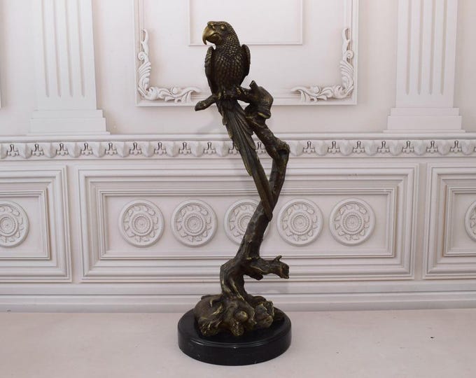 Parrot Bronze Statue - Parrot Large Sculpture on Marble Base - Beauty Animal Figure Foundry Mark -  Gift Idea - Home Decor