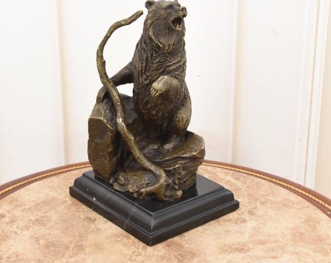 Vintage Bronze Bear Fighting Snake Statue – Marble Base Wildlife Sculpture