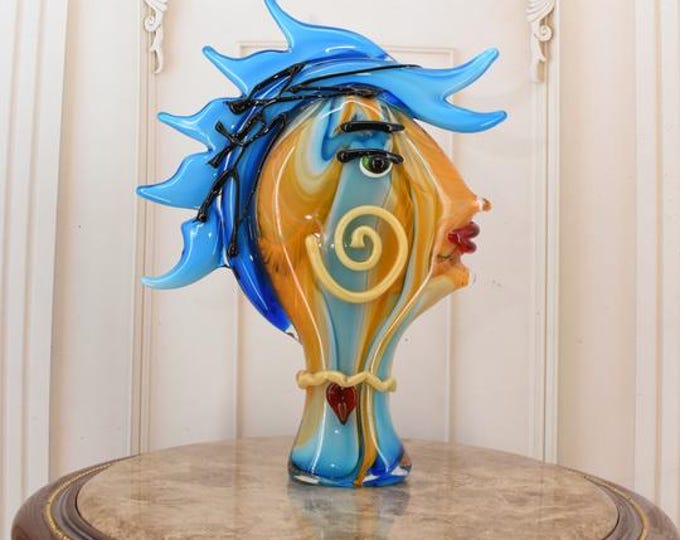 Amazing Statue Woman Head - Vintage Murano Style Glass - Blue and Orange Face Murano Style - Colorful Figurine - Home Decor Gift