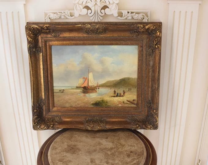 Vintage Boat Painting: Handmade Nautical Seascape with Gold Frame