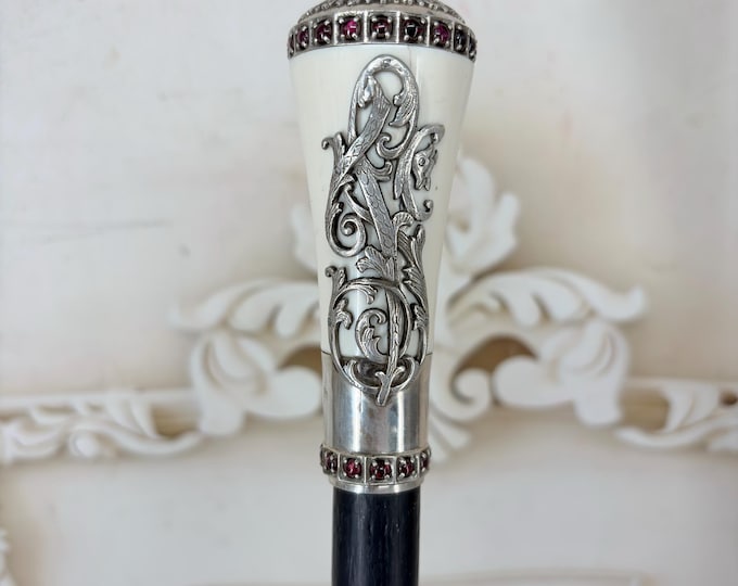 Russian 84 Silver Walking Stick – Imperial Eagle Cane with Red Stones – Collectible Decor