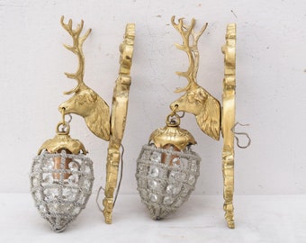 Two brass hunting wall sconces - brass deers scones  - pair brass candlesticks - luxury gift