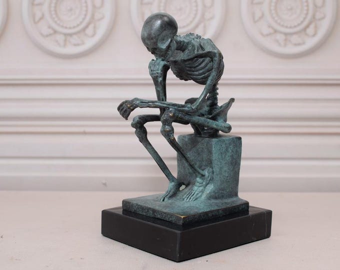 Thinker Sittin Skeleton Bronze Sculpture on Marble Base - Vintage Statue - Foundry Mark - Home Decor - Halloween Statue  - Gift Idea