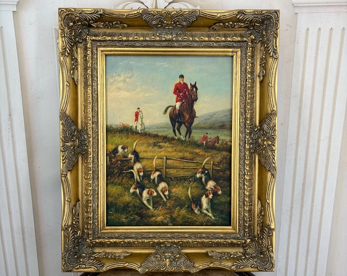 Vintage Hunting Scene Oil Painting - Hunter with Pointer Dogs - Oil on Canvas