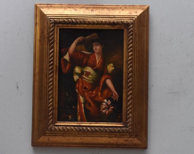 Japanese Woman in Kimono – Vintage Oil Painting on Wood – Golden Frame – Oriental Portrait – Unique Wall Art