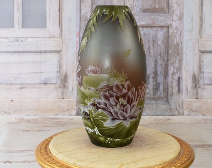 Limited Flower Vase - Green Glass Vase - Emile Galle Style - Solid and Heavy - Wedding Gift Idea - Home Decor