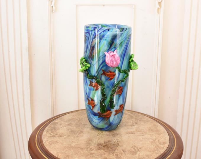 Vintage Murano Style Glass Vase – Sturdy, Colorful Floral & Fish Decor