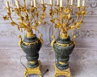 Gilded Bronze & Marble Candelabras with Candlesticks: Empire Style Electric Set