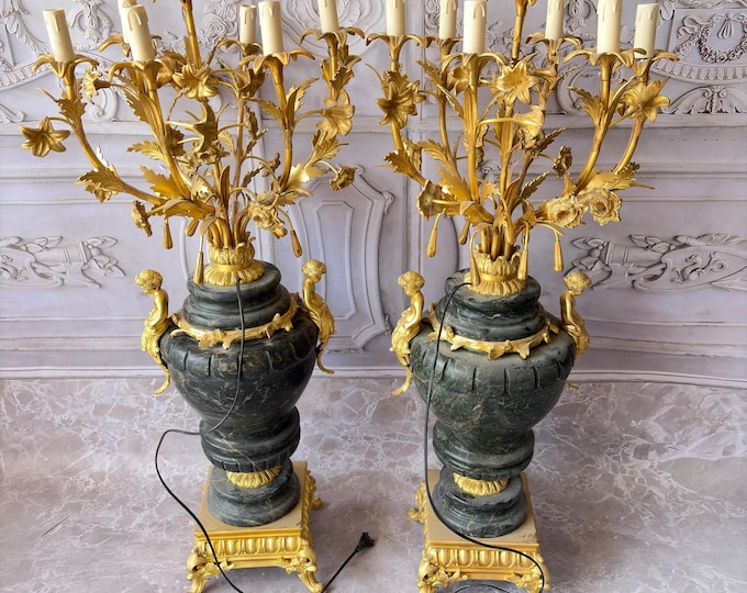 Gilded Bronze & Marble Candelabras with Candlesticks: Empire Style Electric Set