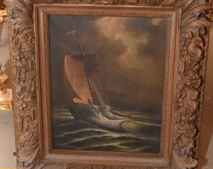 Boats on the Sea — Handmade Marine Painting in Thick Frame | Coastal Wall Art | Unique French Find | Gift for Sea Lovers