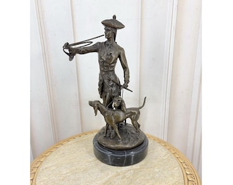 French Bronze Hunter Statue with Dogs - Antique Style Sculpture - Black Marble Base