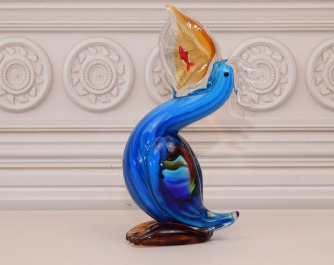Funny Pelican with Fish in its Mouth - Pelican Murano Style - Handmade Italian Glass - Venetian Sculpture -  Gift for Wedding - Home Decor