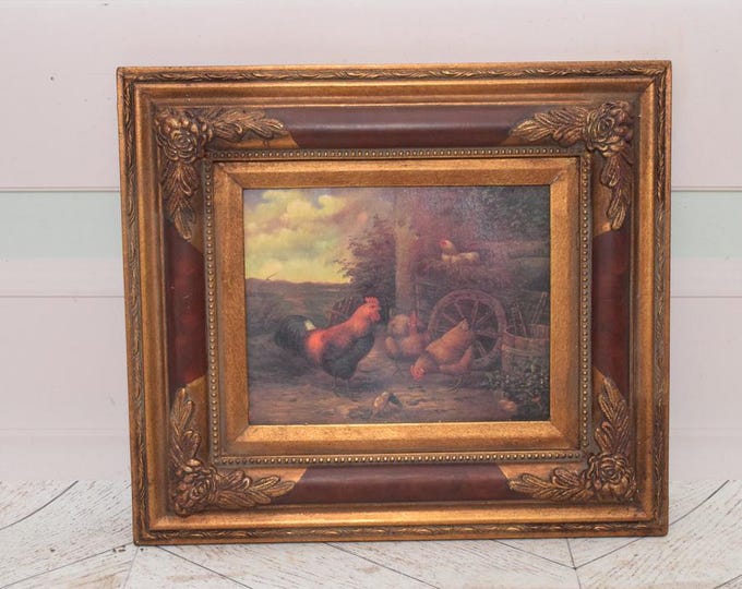 Wonderful Large Painting Family Rooster and Hen - Painting in Golden Frame - Painting Art Work - Wall Decor - Amazing Home Decor
