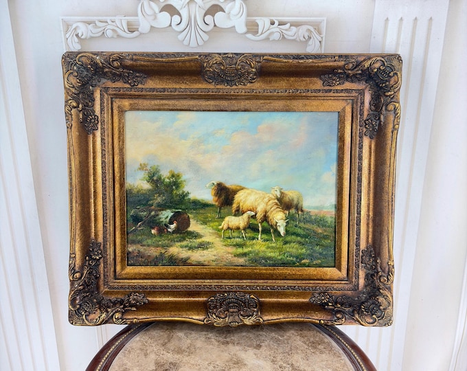 Sheep Family Painting – Pastoral Art in Golden Frame