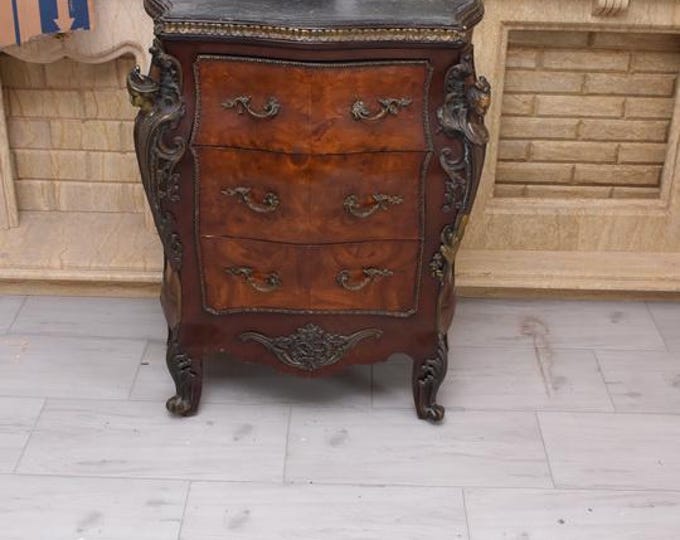 French Baroque Commode: Antique Beech Wood Chest with Marble Top 1930