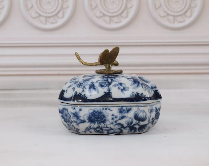 Blue porcelain casket - flower design - dragonfly bronze ornaments - vintage porcelain - exclusive gift for birthday - home decor