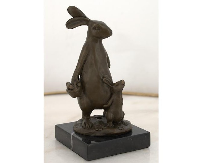 Mother and Son Bronze Family Rabbits - Bronze Statue Rabbit - Elegant Bronze Sculpture on Marble Base - Gift Idea - Vintage Figurine