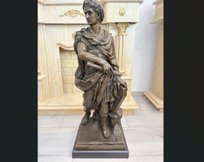 Large Julius Caesar Bronze Statue on Marble Pedestal - Mythological Sculpture - Bronze Roman Military