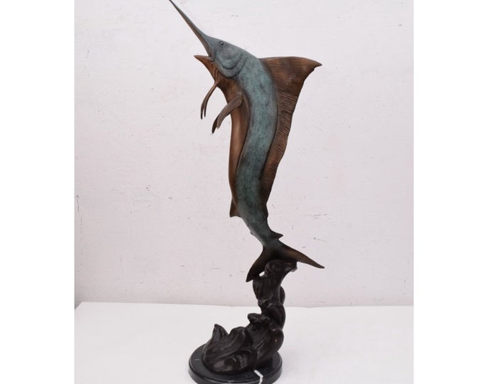 Big 87cm Patina Bronze Fish - Marlin Bronze Statue - Art Work Painted Sailfish - Gift for Fisherman - Fish Sculpture on Marble Base