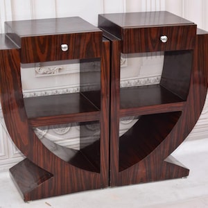 Art Deco Nachttische Set: Gebogene Holz Nachttische