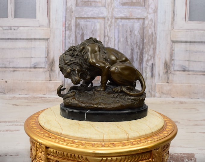 Large Statue! Lion and Serpent Animal Bronze Statue - Figure Lion on Marble Base - Foundry Mark - Home Decor - Gift for Birthday