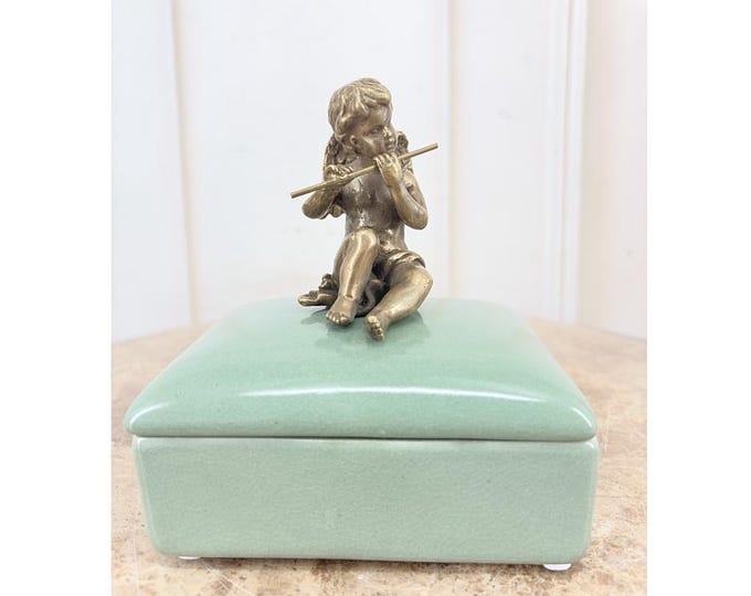 Vintage French Porcelain Jewelry Box – Mint Green, Bronze Cherub Mounts, Signed Vanity Decor