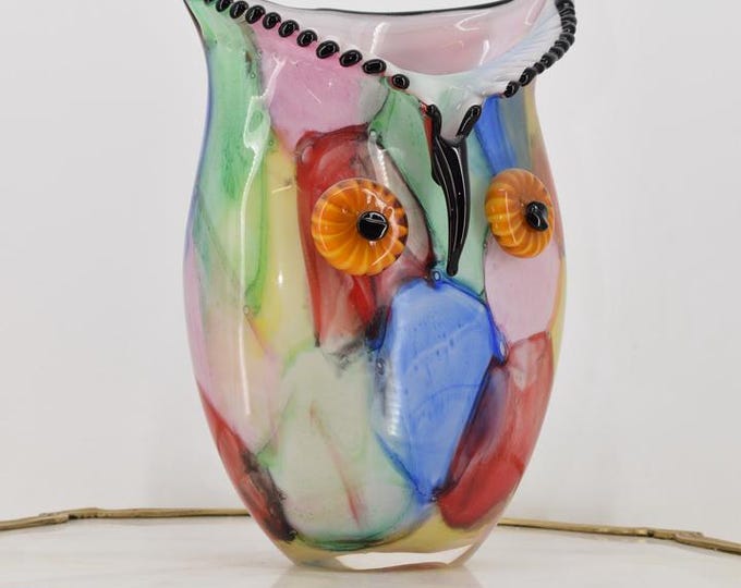 Owl Shaped Glass Vase – Colorful Murano Style Face Vase – Handcrafted Venetian Art Glass – Unique Flower Pot Home Decor